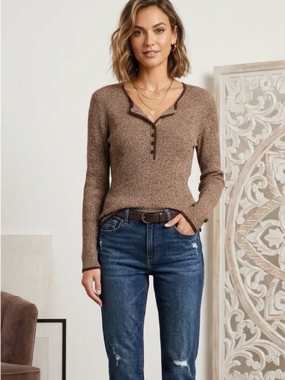 Reference Point Brown Gray Long Sleeve 3/4 Button Down Lightweight Sweater sz M